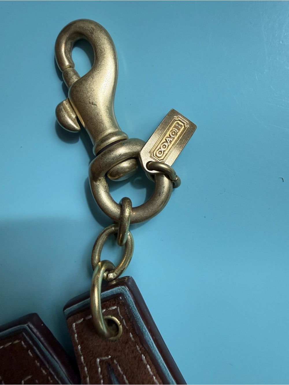Vintage Coach Brown Leather 'M' Leather Key / Bag Charm with Brass Hardware - Picture 2 of 3